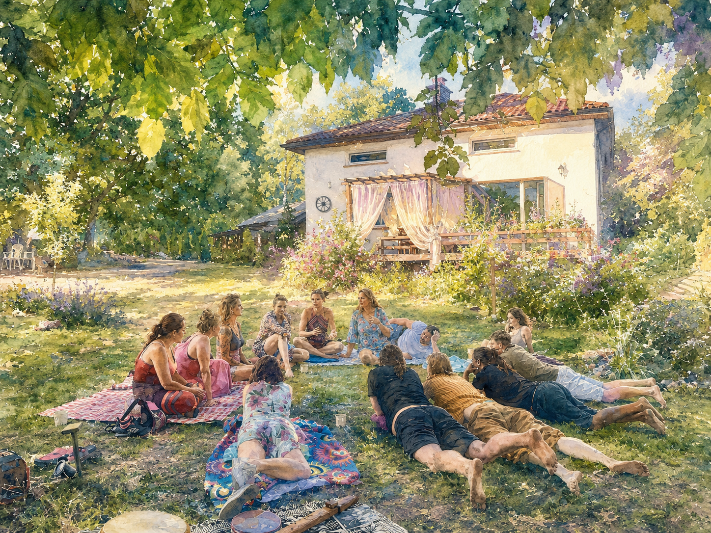 Uczestnicy Videre Verum Festiwalu odpoczywający w ogrodzie Rancza Abrakadabra.