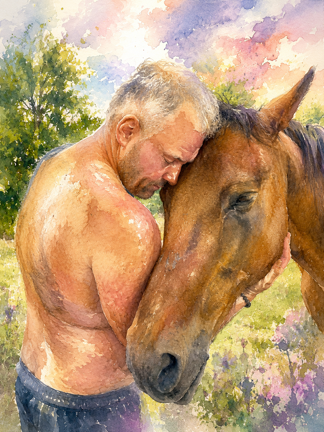 Mężczyzna w bliskim kontakcie z koniem.